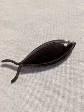 Vintage Mexican Wood and Silver Modern Pin FISH Aztec or Mayan Design Taxco 925